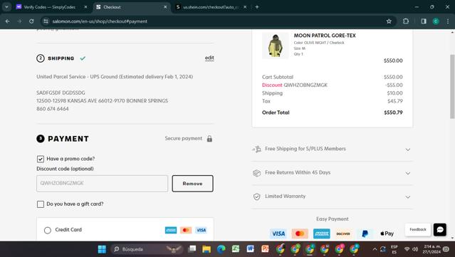 Salomon checkout page showing Salomon promo code box | Screenshot taken by SimplyCodes community member on Jan 27, 2024