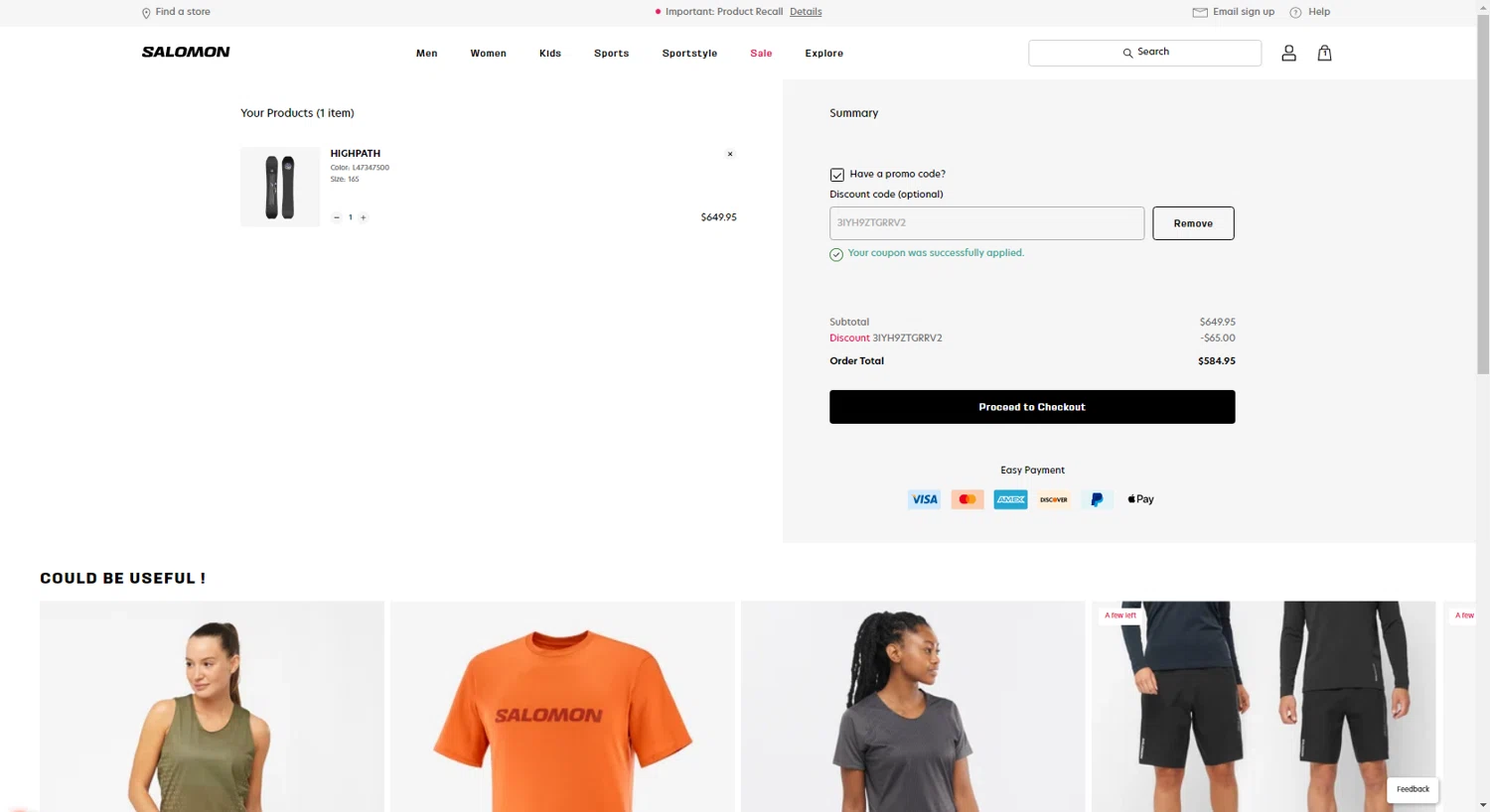Salomon checkout page showing Salomon promo code box | Screenshot taken by SimplyCodes community member on Jan 27, 2024