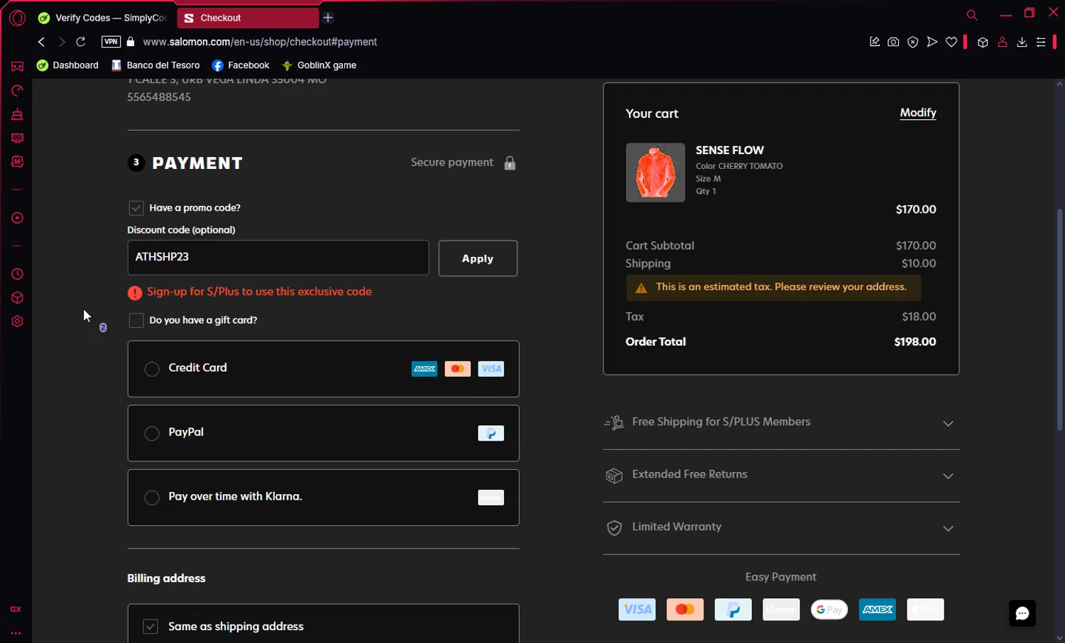 Salomon checkout page showing Salomon promo code box | Screenshot taken by SimplyCodes community member on Dec 29, 2024