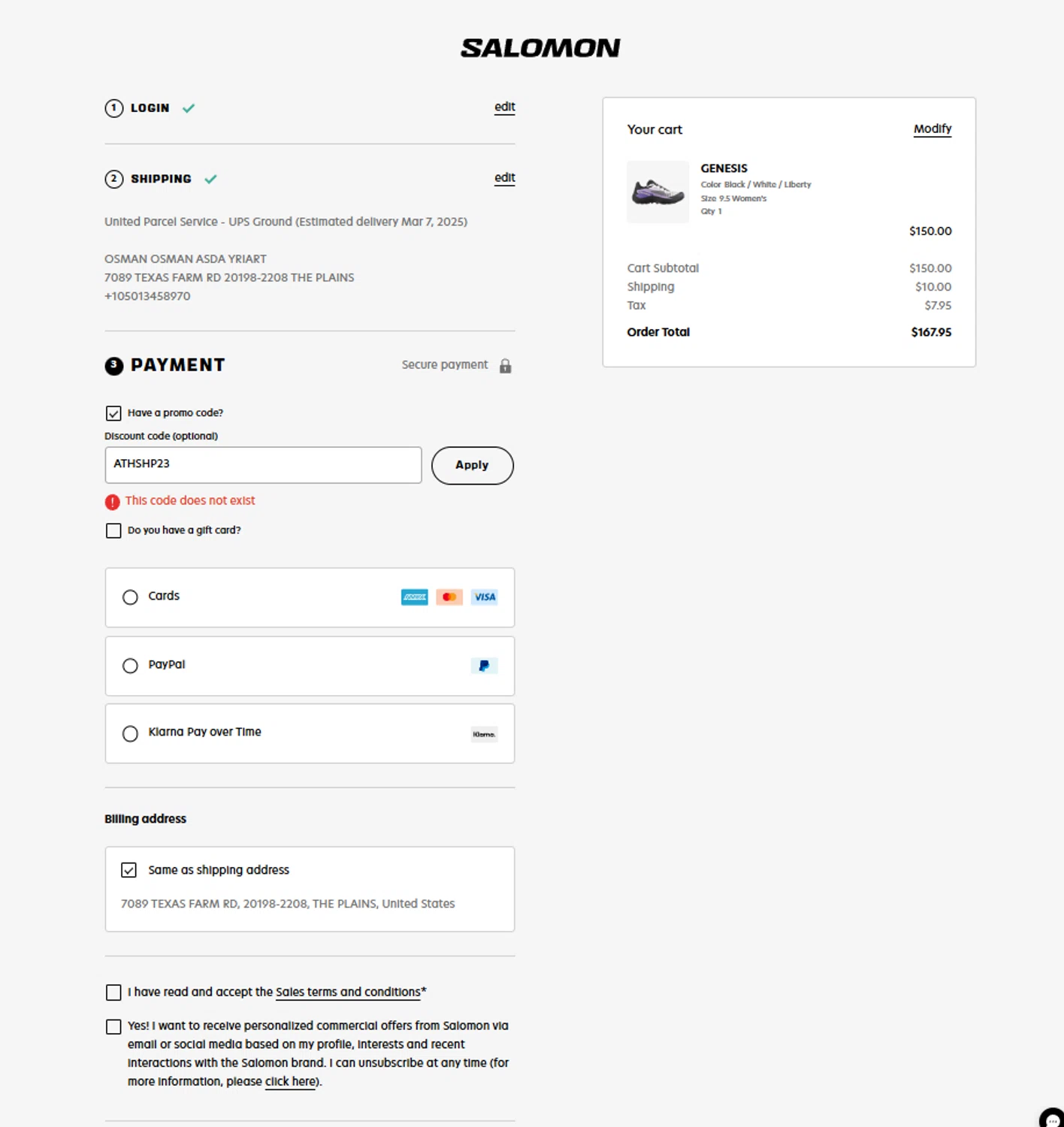 Salomon promo code screenshot showing code ATHSHP23 applied at Salomon checkout page. Uploaded by SimplyCodes community member Tortugasninja on Mar 1, 2025