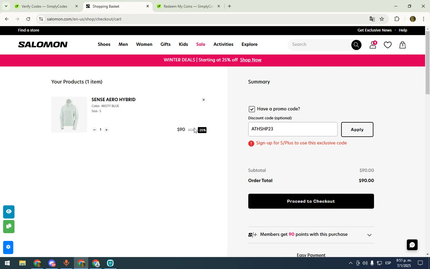 Salomon checkout page showing Salomon promo code box | Screenshot taken by SimplyCodes community member on Jan 8, 2025