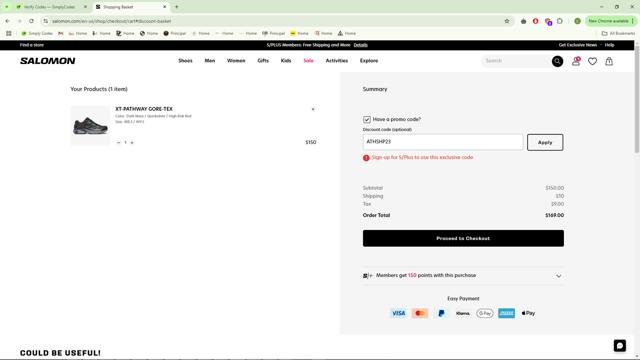 Salomon checkout page showing Salomon promo code box | Screenshot taken by SimplyCodes community member on Dec 29, 2024