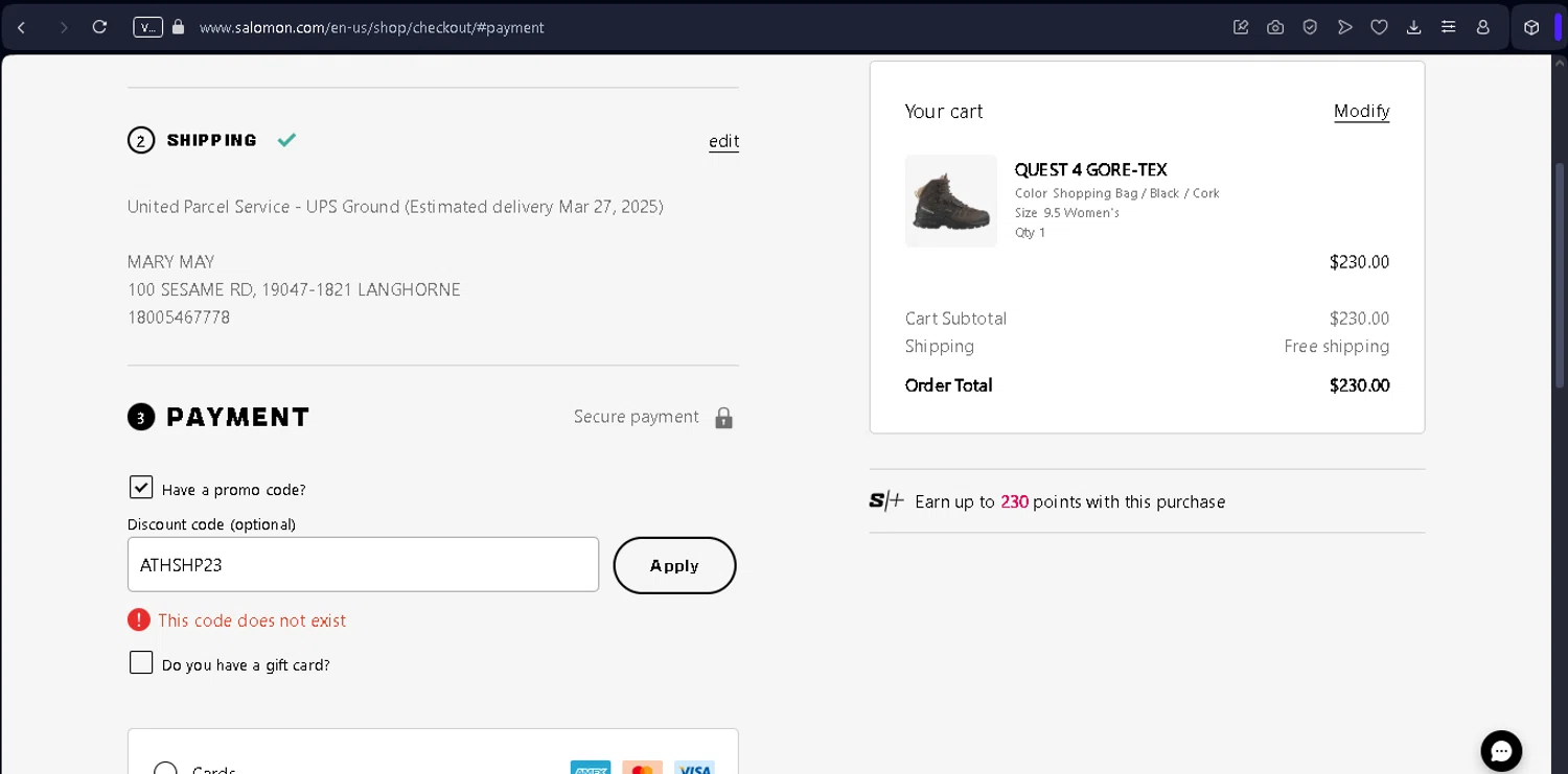 Salomon promo code screenshot showing code ATHSHP23 applied at Salomon checkout page. Uploaded by SimplyCodes community member NobleSentinel8535 on Mar 20, 2025