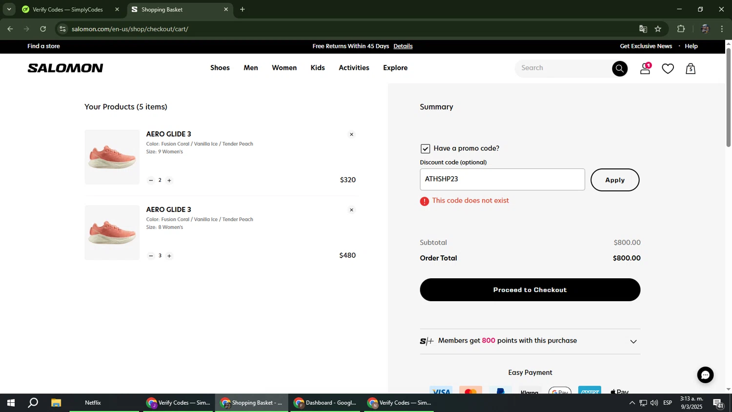 Salomon promo code screenshot showing code ATHSHP23 applied at Salomon checkout page. Uploaded by SimplyCodes community member xxdddd on Mar 9, 2025