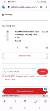Salon Brands coupon verification screenshot