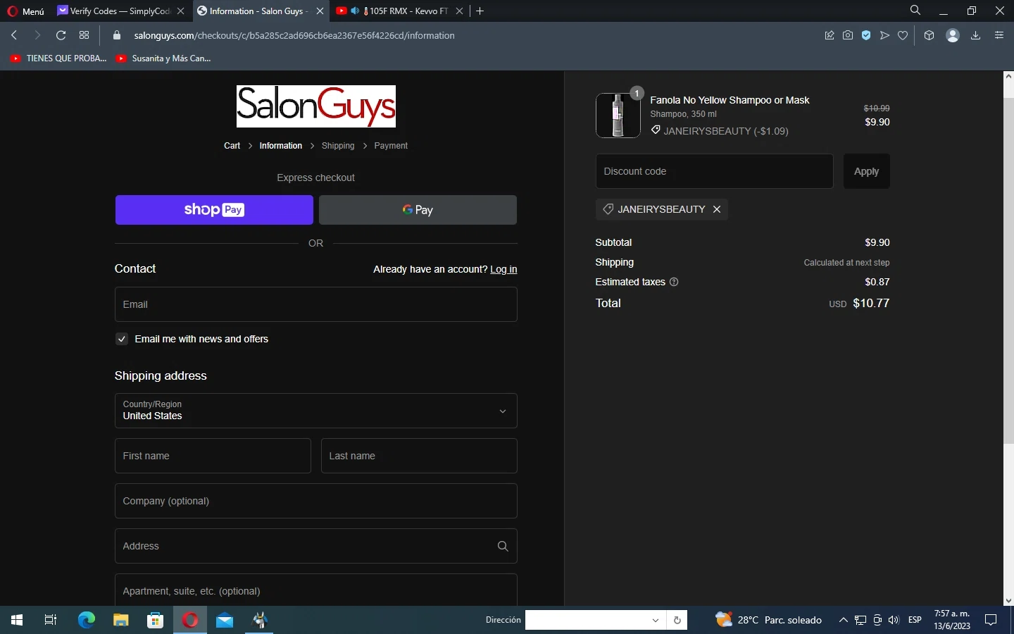 SalonGuys checkout page showing SalonGuys promo code box | Screenshot taken by SimplyCodes community member on Jun 13, 2023