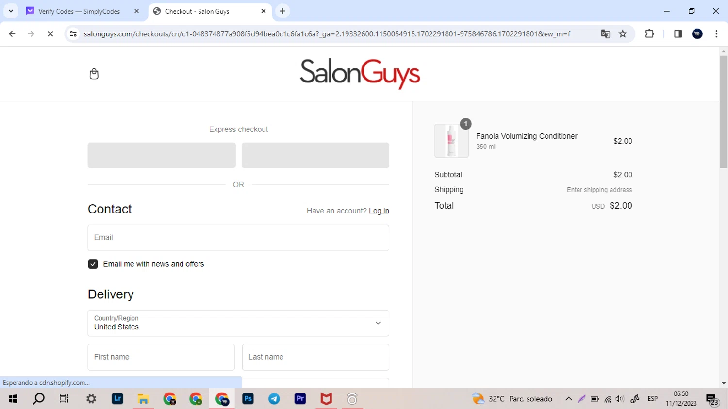 SalonGuys checkout page showing SalonGuys promo code box | Screenshot taken by SimplyCodes community member on Dec 11, 2023