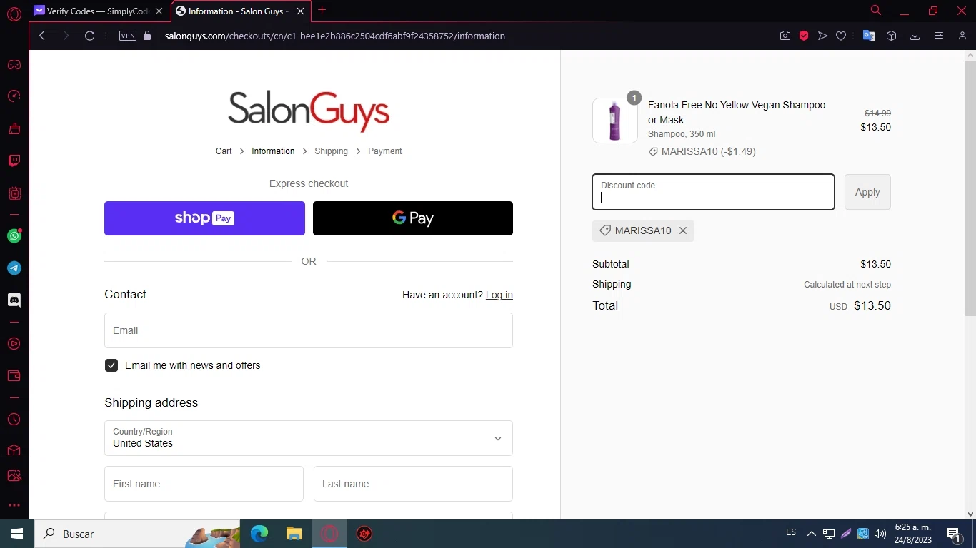 SalonGuys checkout page showing SalonGuys promo code box | Screenshot taken by SimplyCodes community member on Aug 24, 2023