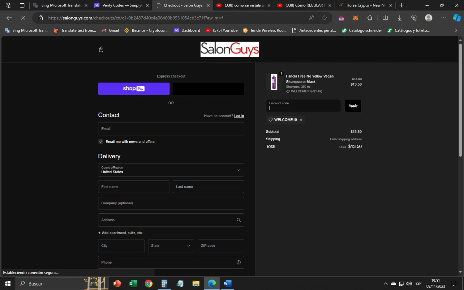 SalonGuys checkout page showing SalonGuys promo code box | Screenshot taken by SimplyCodes community member on Nov 9, 2023
