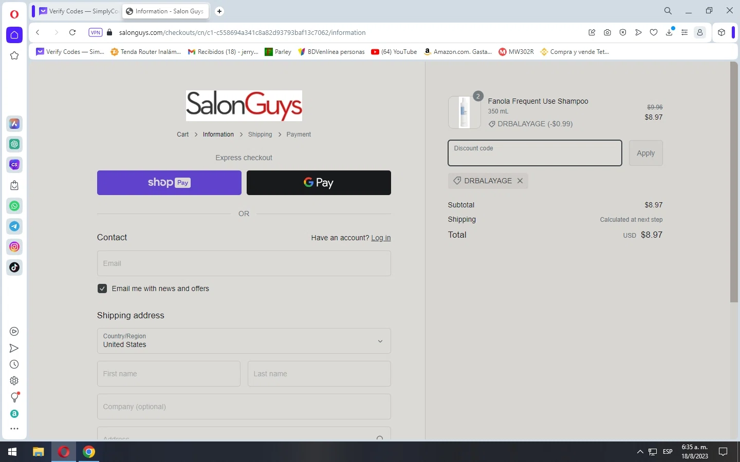 SalonGuys checkout page showing SalonGuys promo code box | Screenshot taken by SimplyCodes community member on Aug 18, 2023