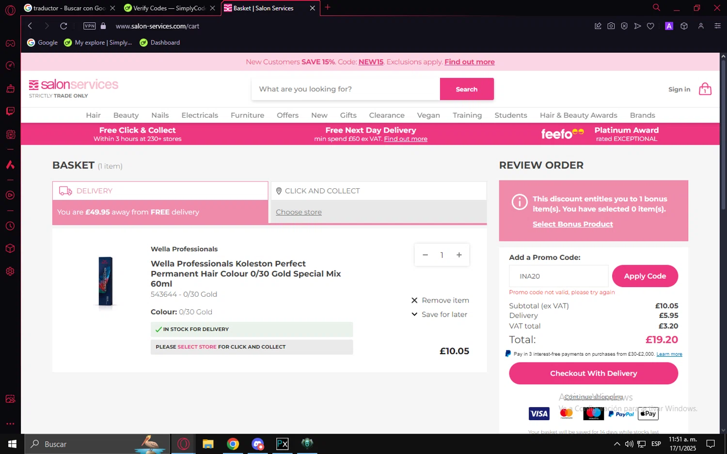 Salon Services promo code screenshot showing code INA20 applied at Salon Services checkout page. Uploaded by SimplyCodes community member LuckyVoyager5522 on Jan 17, 2025