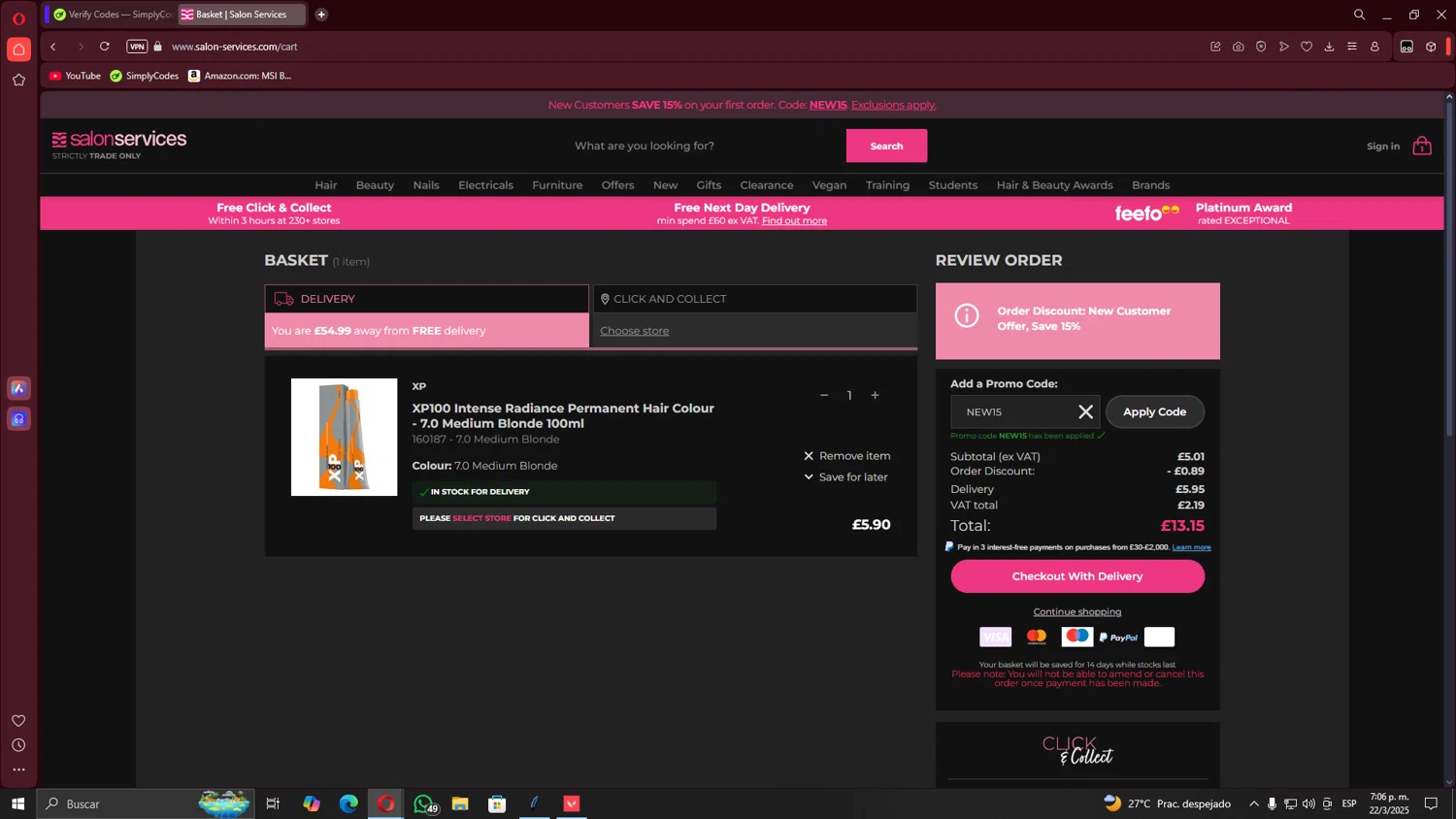 Salon Services promo code screenshot showing code NEW15 applied at Salon Services checkout page. Uploaded by SimplyCodes community member TheRodan on Mar 22, 2025