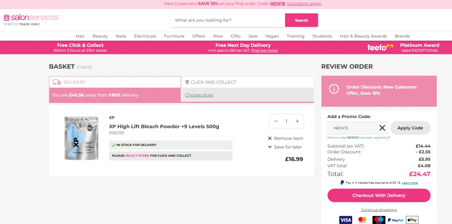 Salon Services promo code screenshot showing code NEW15 applied at Salon Services checkout page. Uploaded by SimplyCodes community member jenifferalvarez on Oct 16, 2025