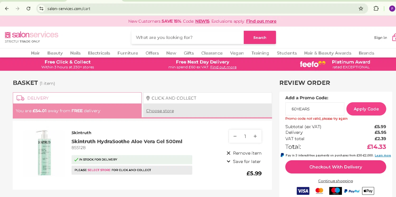 Salon Services promo code screenshot showing code 60YEARS applied at Salon Services checkout page. Uploaded by SimplyCodes community member TreasureMaverick5280 on Feb 7, 2025