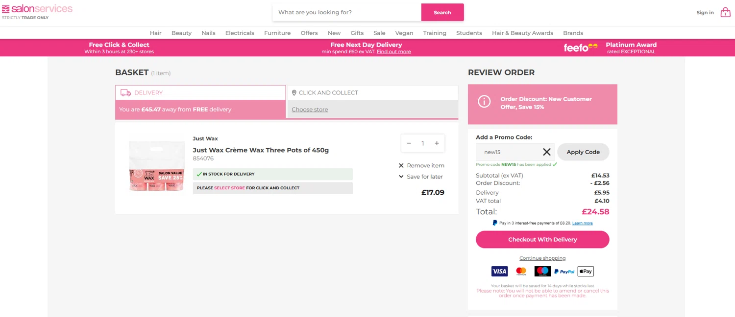 Salon Services promo code screenshot showing code NEW15 applied at Salon Services checkout page. Uploaded by SimplyCodes community member eithanmilas on Oct 19, 2025