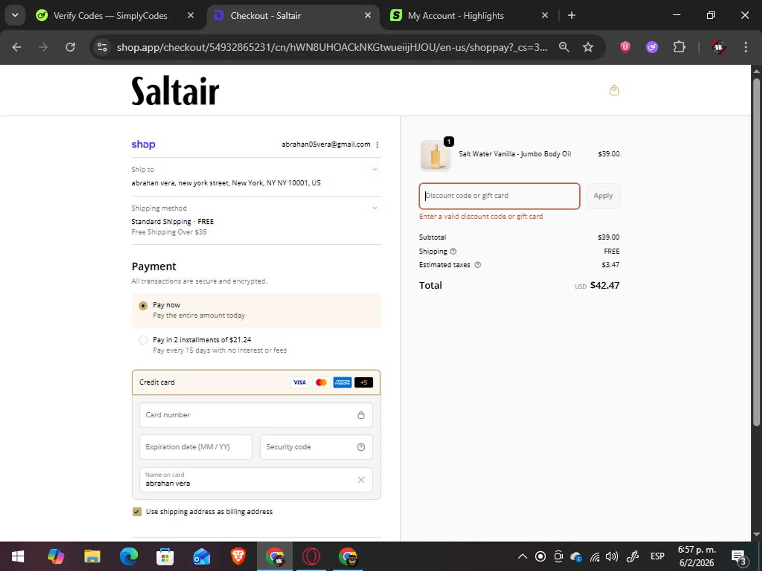 Saltair promo code screenshot showing code KYRANIKOLE15 applied at Saltair checkout page. Uploaded by SimplyCodes community member TreasureAdmiral6867 on Feb 6, 2026