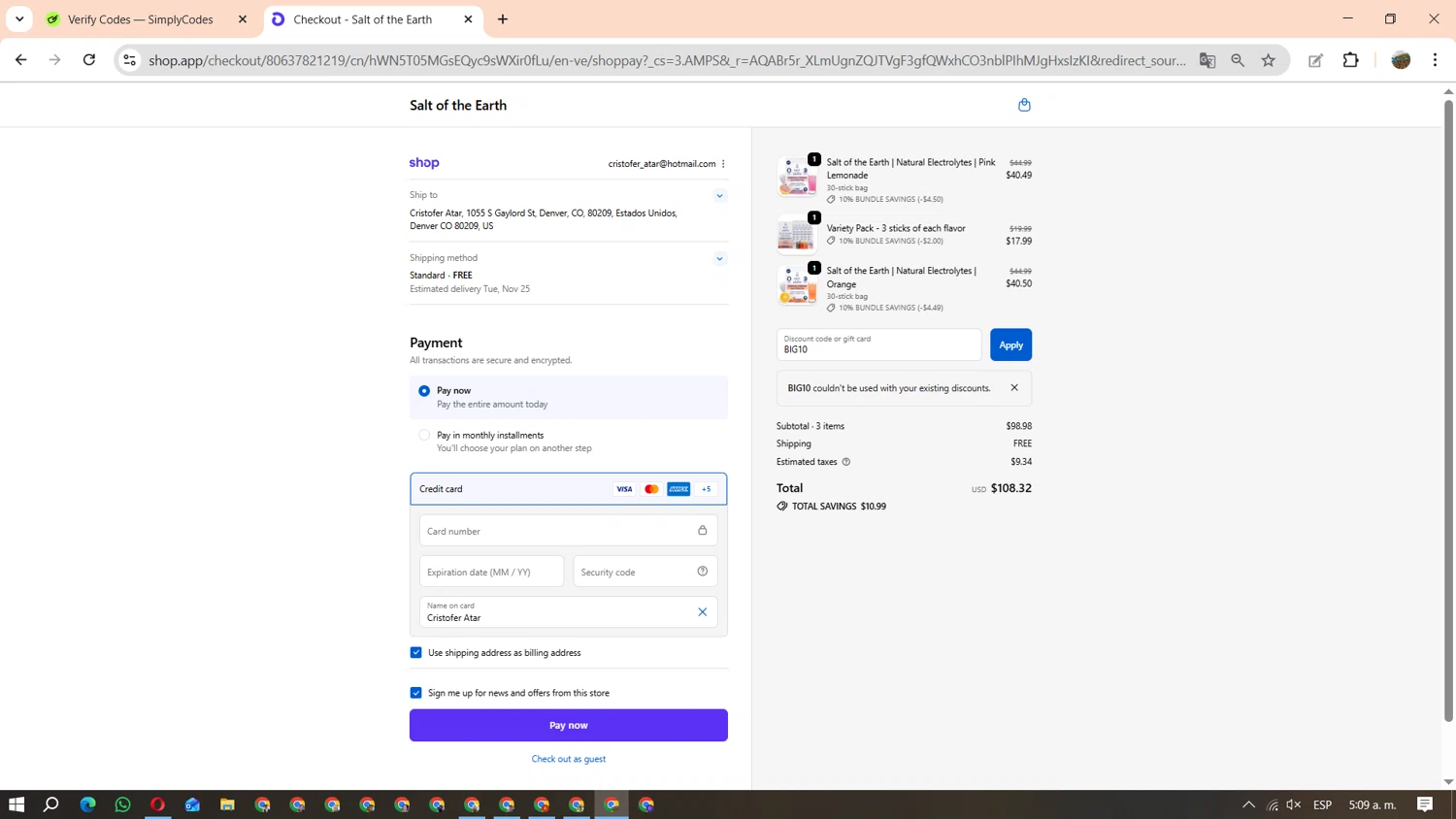 Salt of the Earth Drink promo code screenshot showing code BIG10 applied at Salt of the Earth Drink checkout page. Uploaded by SimplyCodes community member FundoEsperanza on Nov 19, 2025