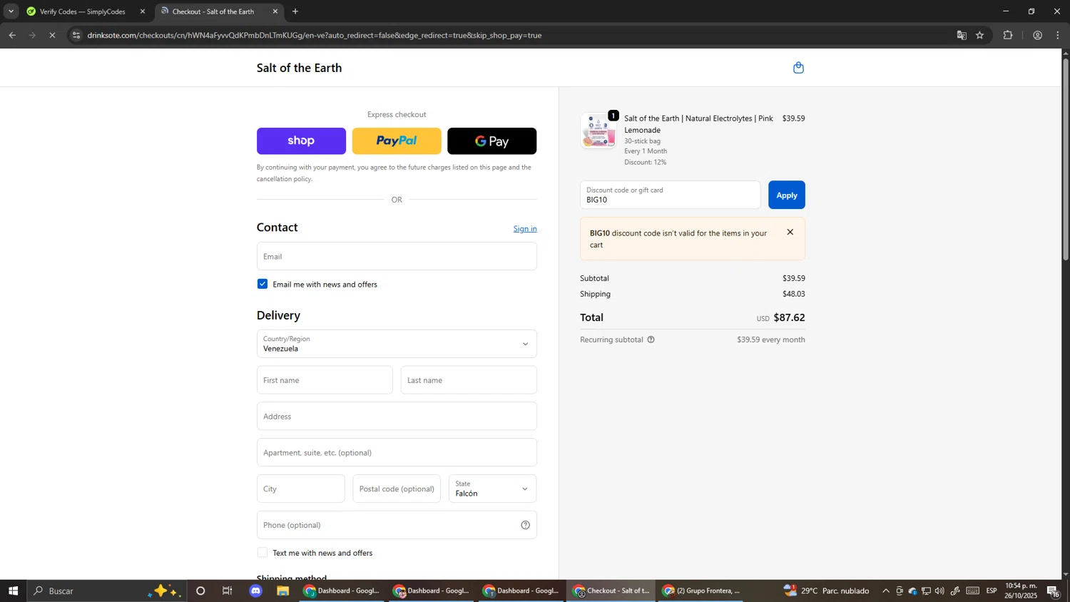 Salt of the Earth Drink promo code screenshot showing code BIG10 applied at Salt of the Earth Drink checkout page. Uploaded by SimplyCodes community member Pirlo420 on Oct 27, 2025