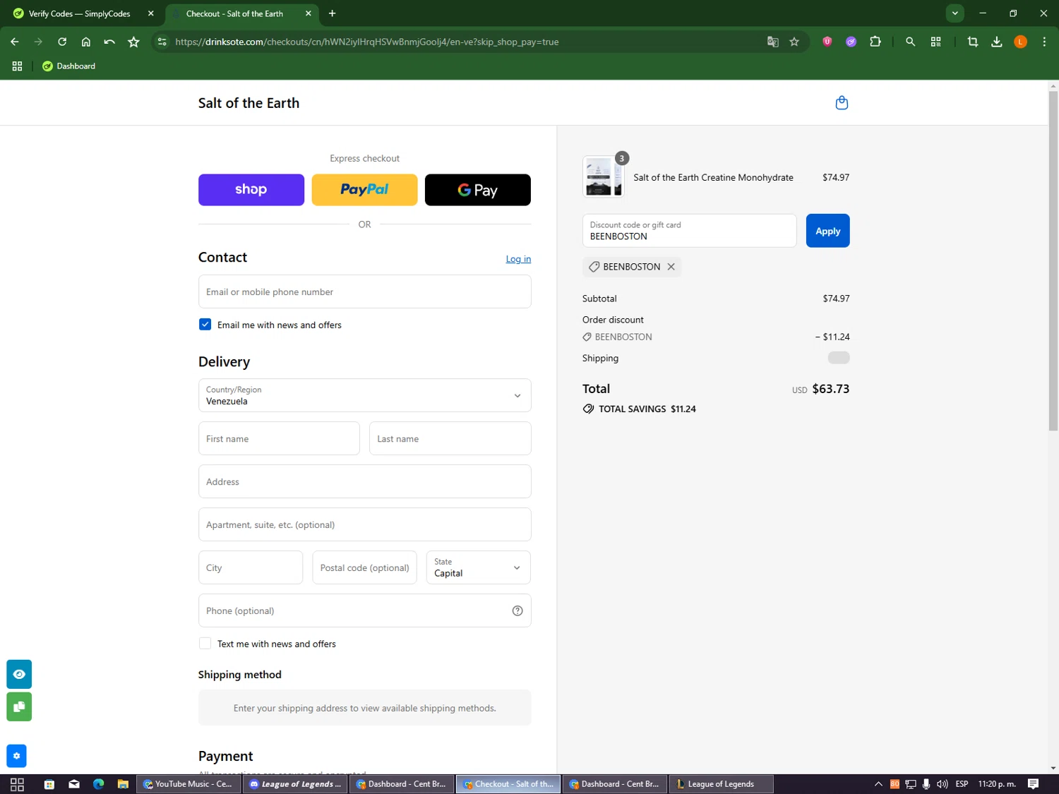 Salt of the Earth Drink promo code screenshot showing code BEENBOSTON applied at Salt of the Earth Drink checkout page. Uploaded by SimplyCodes community member DealOwl9228 on Sep 8, 2025