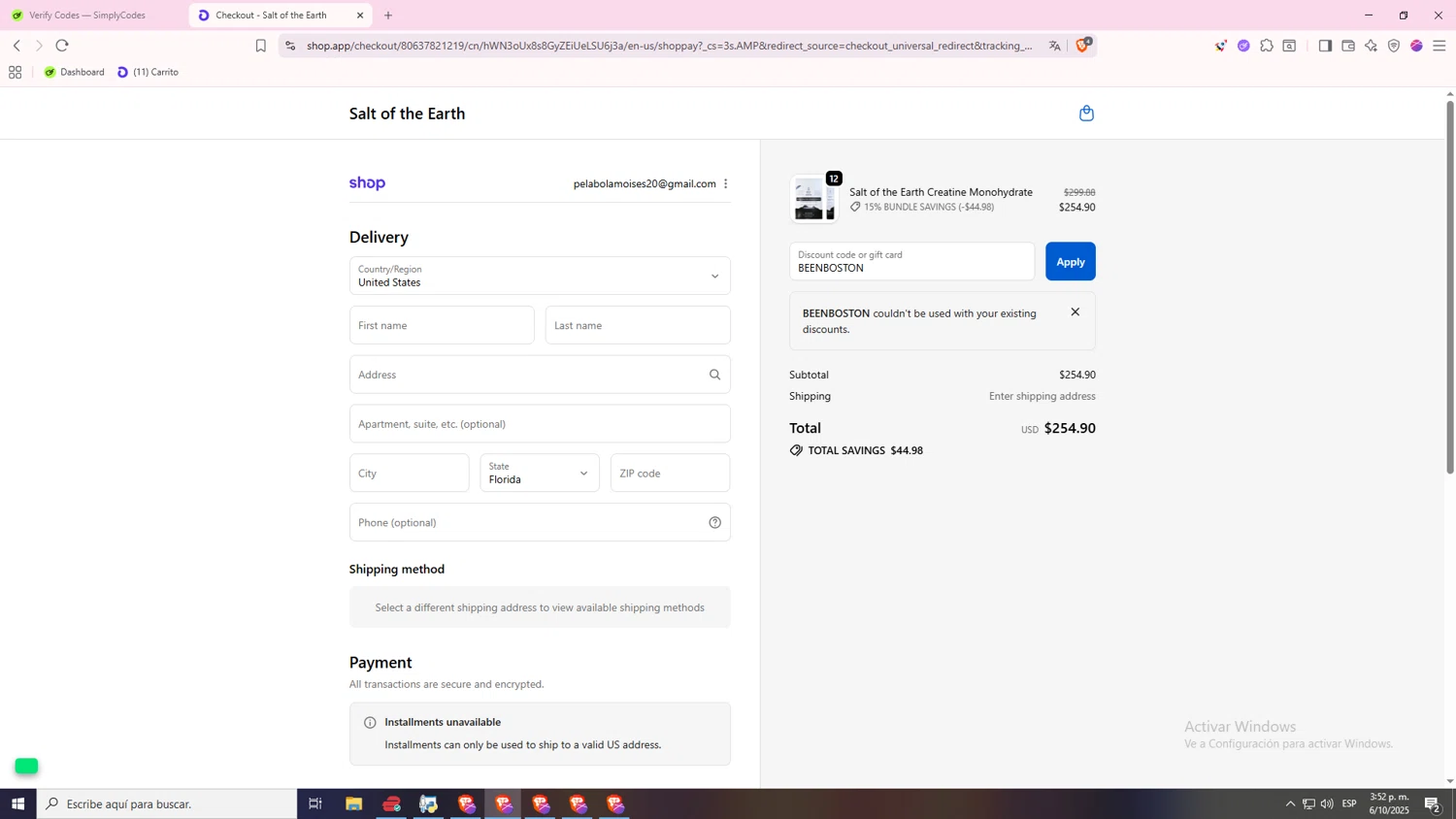 Salt of the Earth Drink promo code screenshot showing code BEENBOSTON applied at Salt of the Earth Drink checkout page. Uploaded by SimplyCodes community member 000000 on Oct 6, 2025
