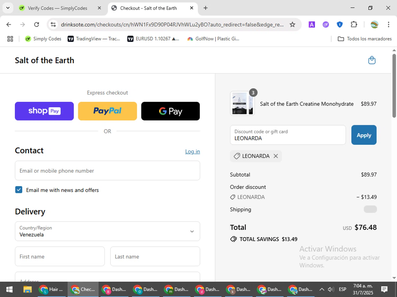 Salt of the Earth Drink promo code screenshot showing code LEONARDA applied at Salt of the Earth Drink checkout page. Uploaded by SimplyCodes community member CoinMaven5220 on Jul 31, 2025