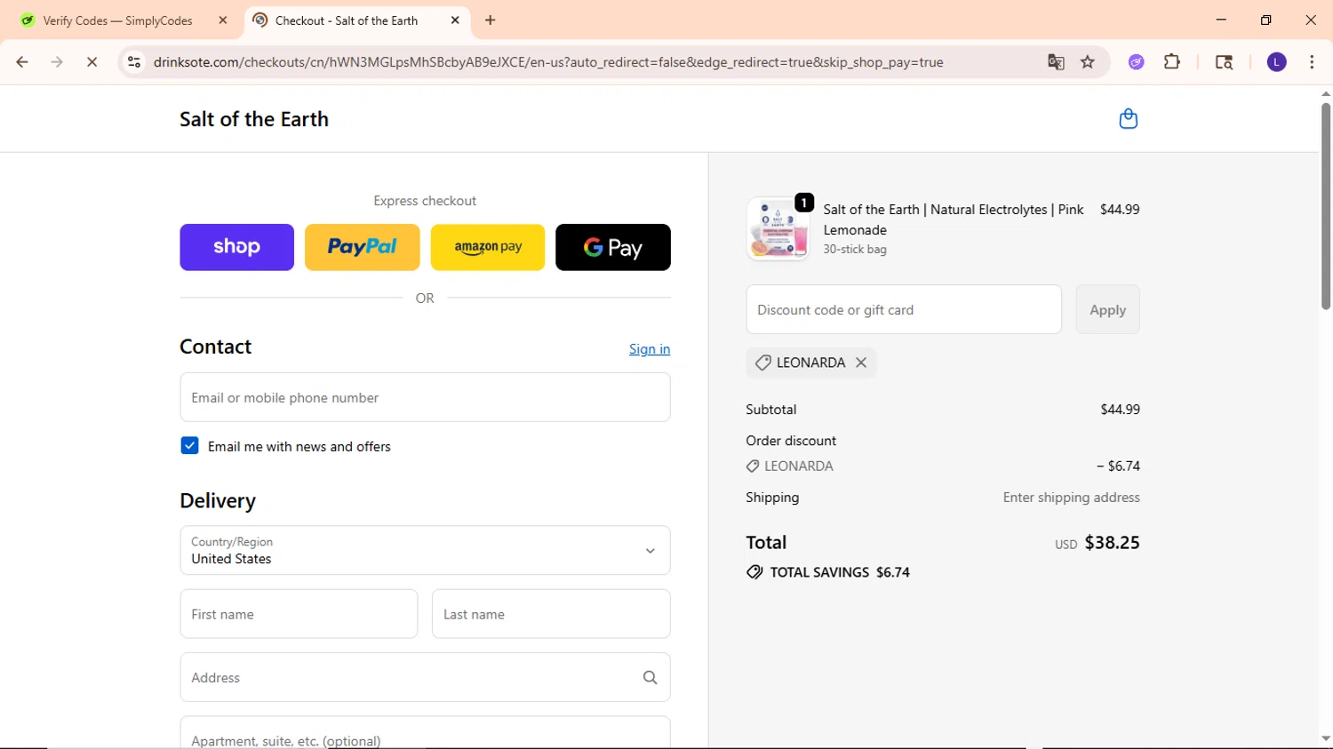 Salt of the Earth Drink promo code screenshot showing code LEONARDA applied at Salt of the Earth Drink checkout page. Uploaded by SimplyCodes community member EpicWarden3081 on Sep 24, 2025