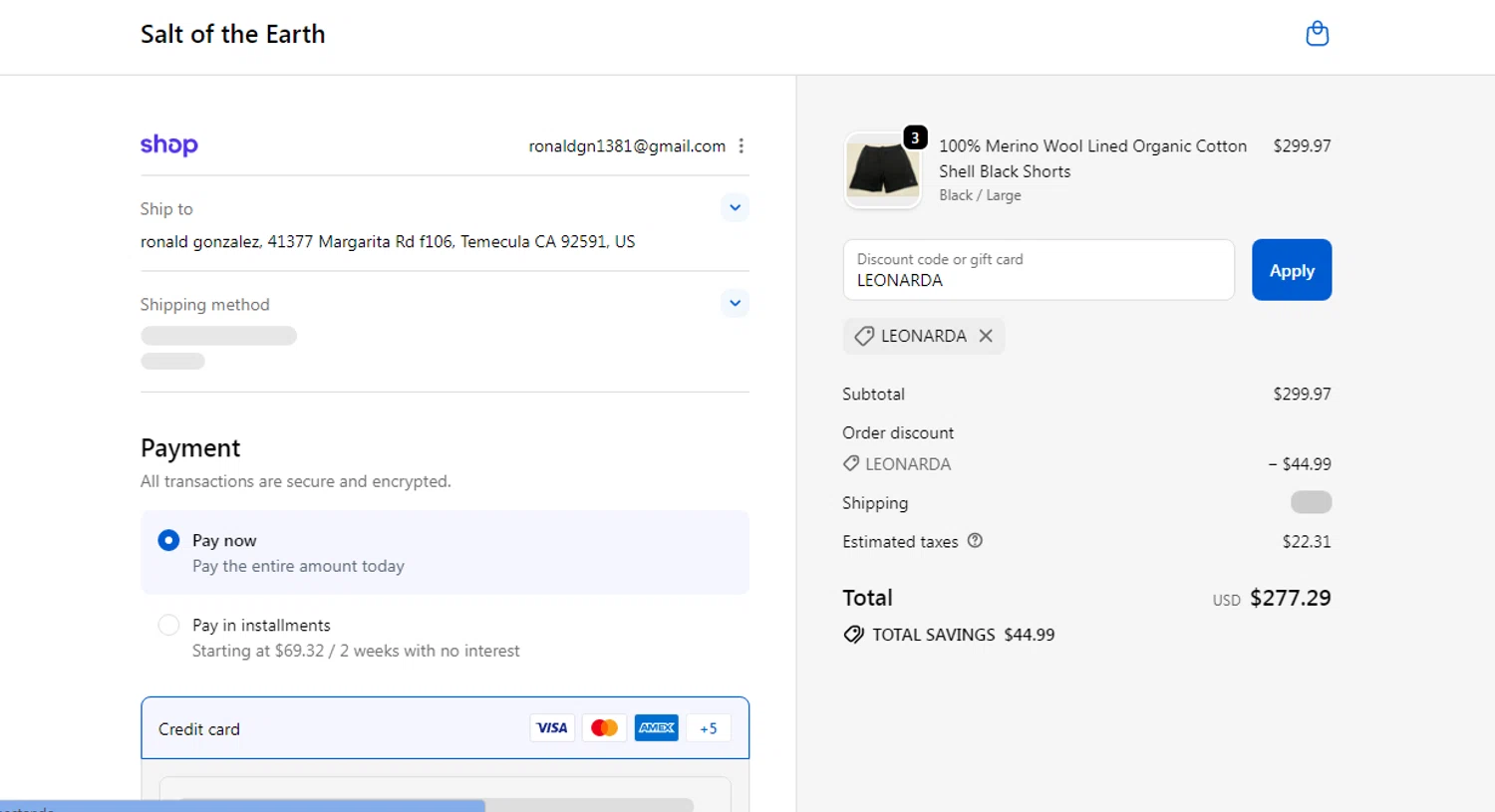 Salt of the Earth Drink promo code screenshot showing code LEONARDA applied at Salt of the Earth Drink checkout page. Uploaded by SimplyCodes community member Gonzalez010203 on Sep 20, 2025