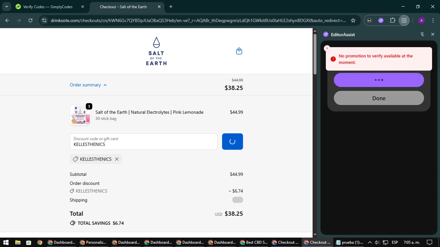 Salt of the Earth Drink promo code screenshot showing code KELLESTHENICS applied at Salt of the Earth Drink checkout page. Uploaded by SimplyCodes community member CoinElite8997 on Dec 10, 2025