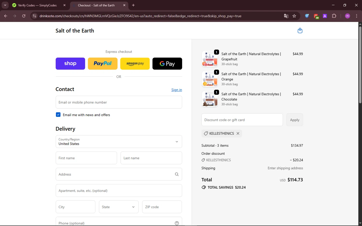 Salt of the Earth Drink promo code screenshot showing code KELLESTHENICS applied at Salt of the Earth Drink checkout page. Uploaded by SimplyCodes community member TokenChaser4876 on Sep 24, 2025
