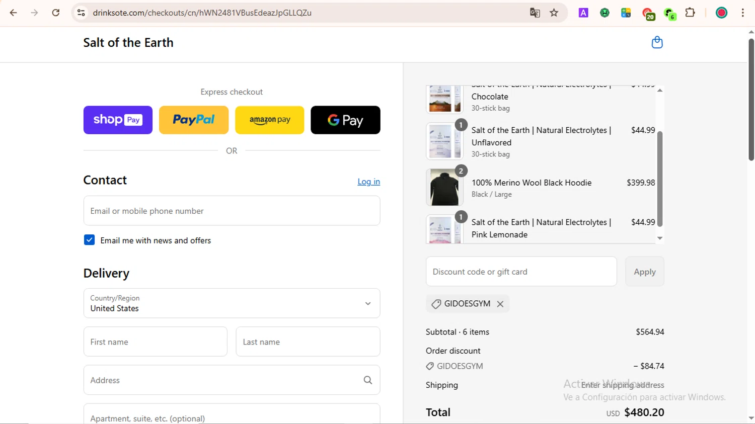 Salt of the Earth Drink promo code screenshot showing code GIDOESGYM applied at Salt of the Earth Drink checkout page. Uploaded by SimplyCodes community member LOVECOUPON on Aug 21, 2025