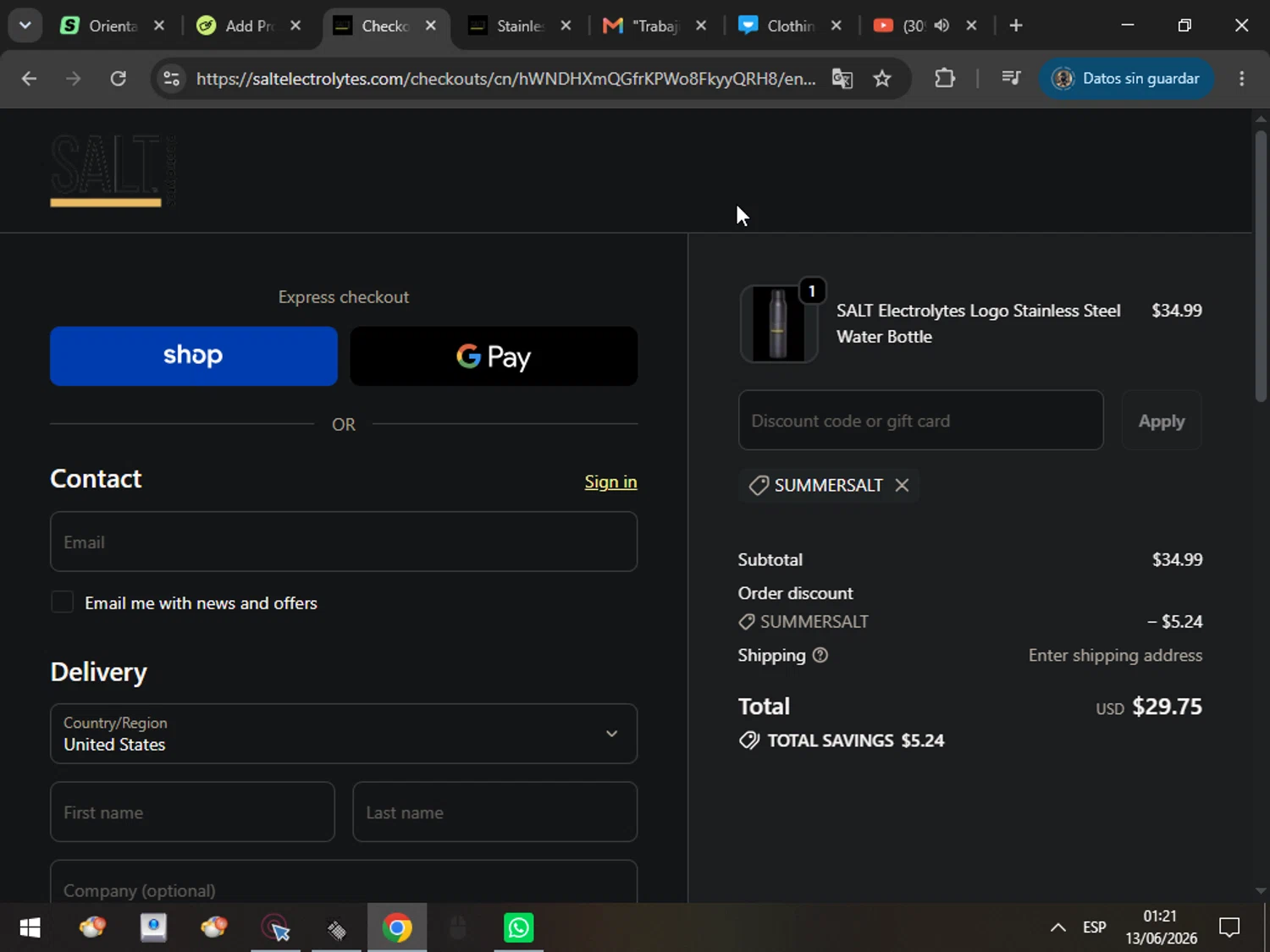 SALT Electrolytes promo code screenshot showing code SUMMERSALT applied at SALT Electrolytes checkout page. Uploaded by SimplyCodes community member MarcosAranguren on Jun 13, 2026