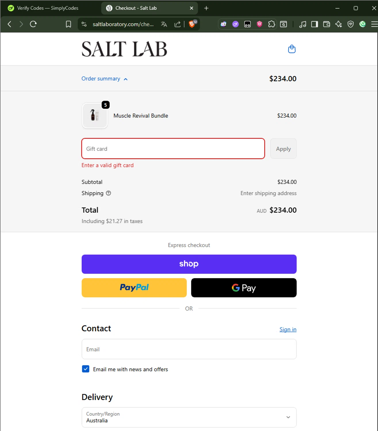 Salt Laboratory discount code screenshot showing code WELCOME112025 applied at Salt Laboratory checkout page. Uploaded by SimplyCodes community member AliceLidell on Nov 9, 2025