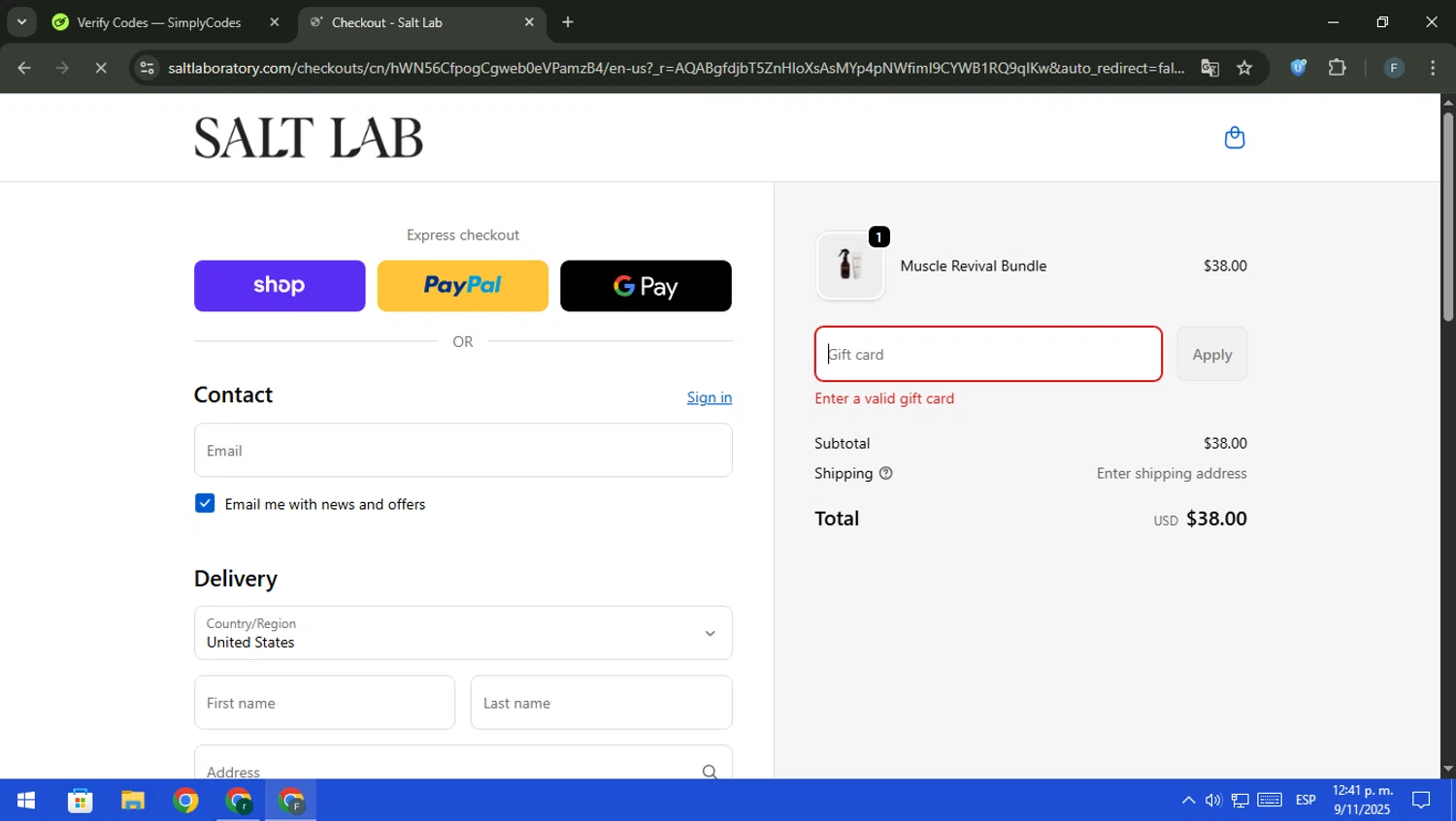 Salt Laboratory discount code screenshot showing code WELCOME112025 applied at Salt Laboratory checkout page. Uploaded by SimplyCodes community member pajarito on Nov 9, 2025