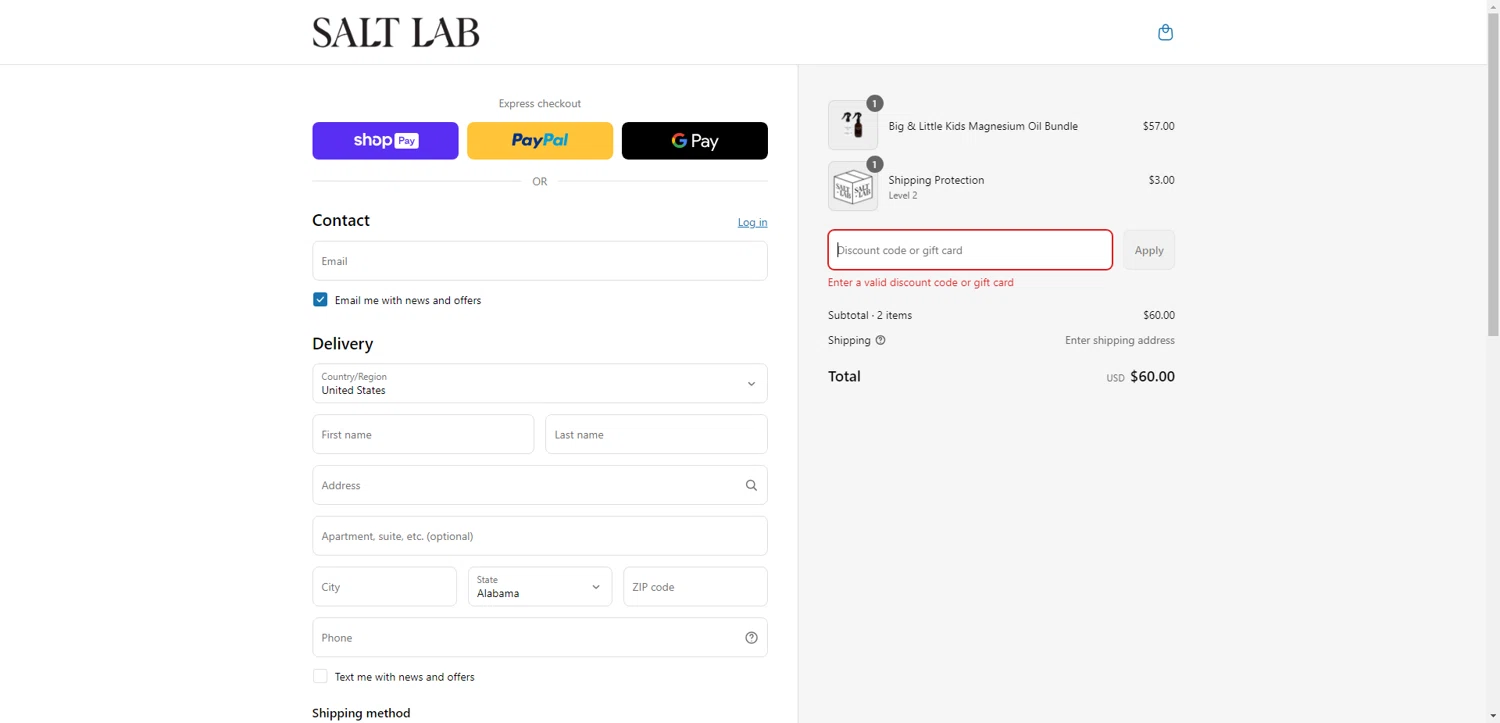 Salt Laboratory discount code screenshot showing code 40%OFF applied at Salt Laboratory checkout page. Uploaded by SimplyCodes community member NobleWarden1688 on Jun 19, 2025