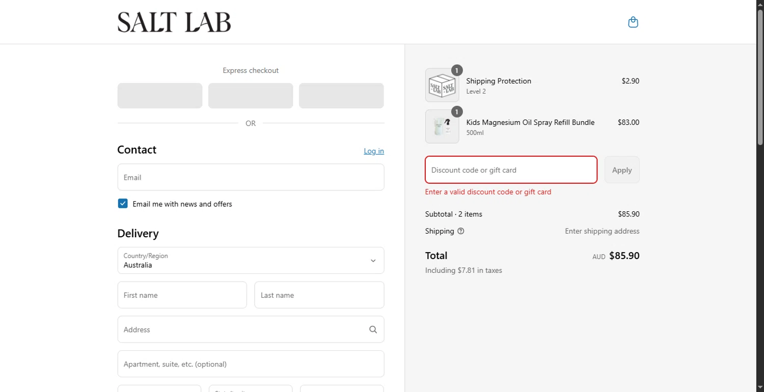 Salt Laboratory discount code screenshot showing code 40-OFF4JULY applied at Salt Laboratory checkout page. Uploaded by SimplyCodes community member ShieldLion4225 on Jul 6, 2025