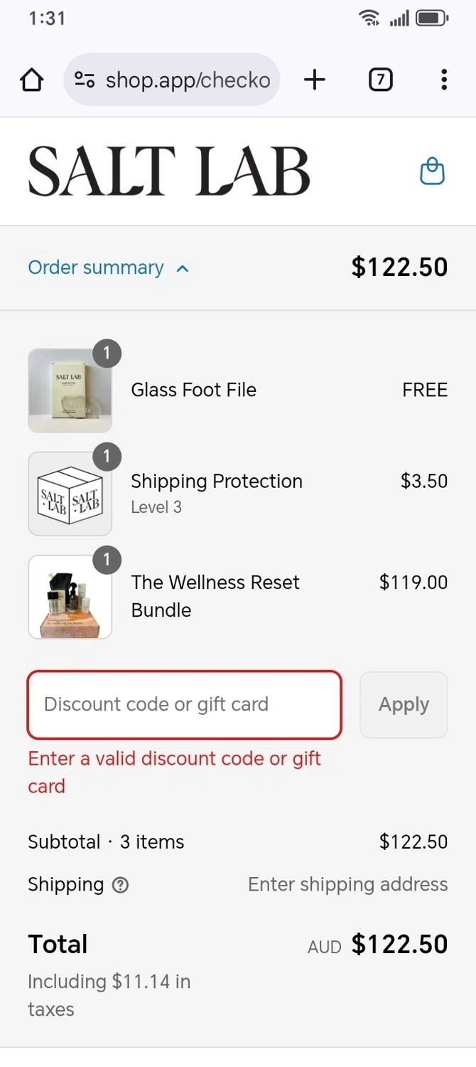 Salt Laboratory discount code screenshot showing code 40-OFF4JULY applied at Salt Laboratory checkout page. Uploaded by SimplyCodes community member franksanchez on Jul 6, 2025