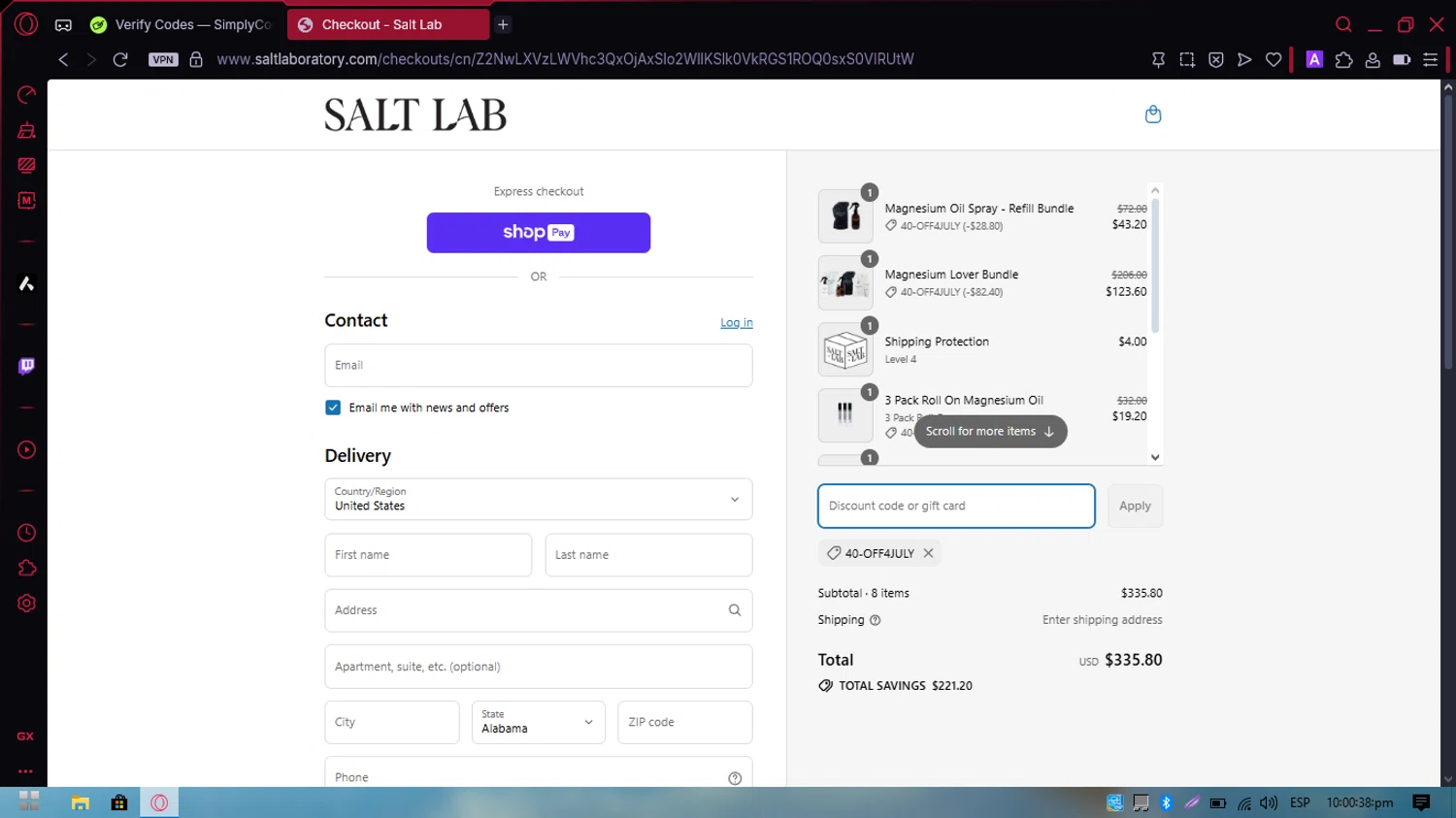 Salt Laboratory discount code screenshot showing code 40OFF-JULY4 applied at Salt Laboratory checkout page. Uploaded by SimplyCodes community member PennySpotter2417 on Jul 3, 2025
