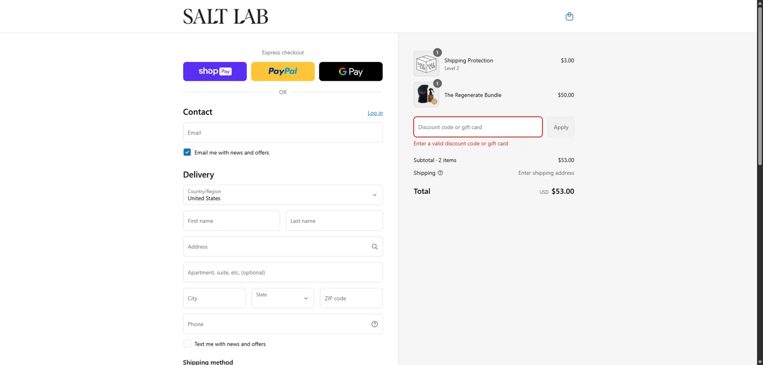 Salt Laboratory discount code screenshot showing code 40OFF-JULY4 applied at Salt Laboratory checkout page. Uploaded by SimplyCodes community member ShieldMaverick9079 on Jul 3, 2025