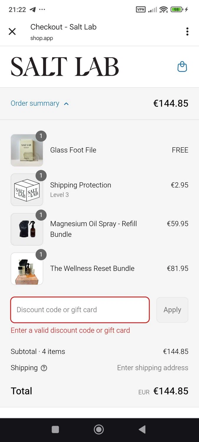 Salt Laboratory discount code screenshot showing code 40OFF-JULY4 applied at Salt Laboratory checkout page. Uploaded by SimplyCodes community member ShieldWhiz4659 on Jul 3, 2025