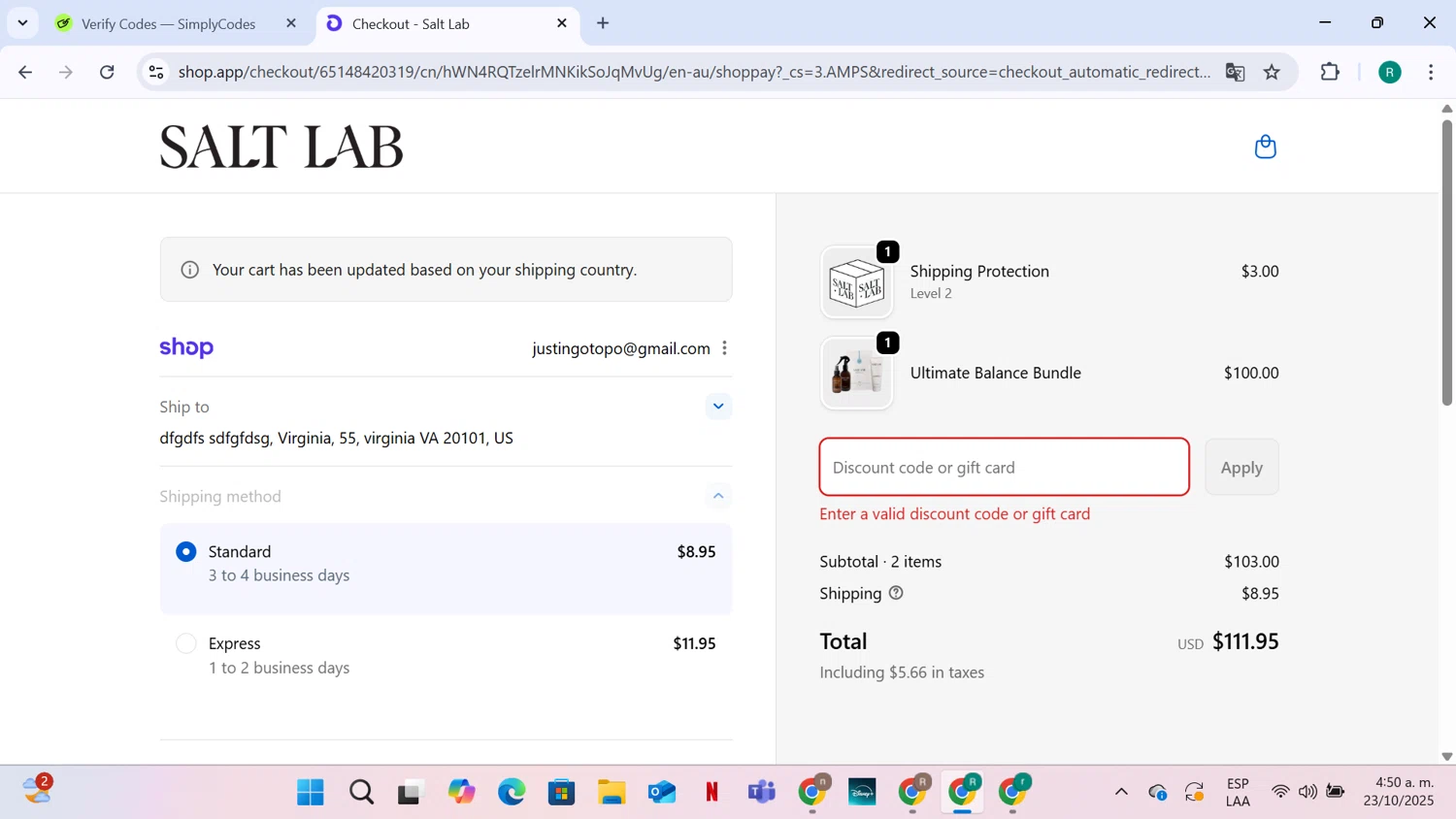 Salt Laboratory discount code screenshot showing code FREESHIP applied at Salt Laboratory checkout page. Uploaded by SimplyCodes community member CleverCurator1217 on Oct 23, 2025