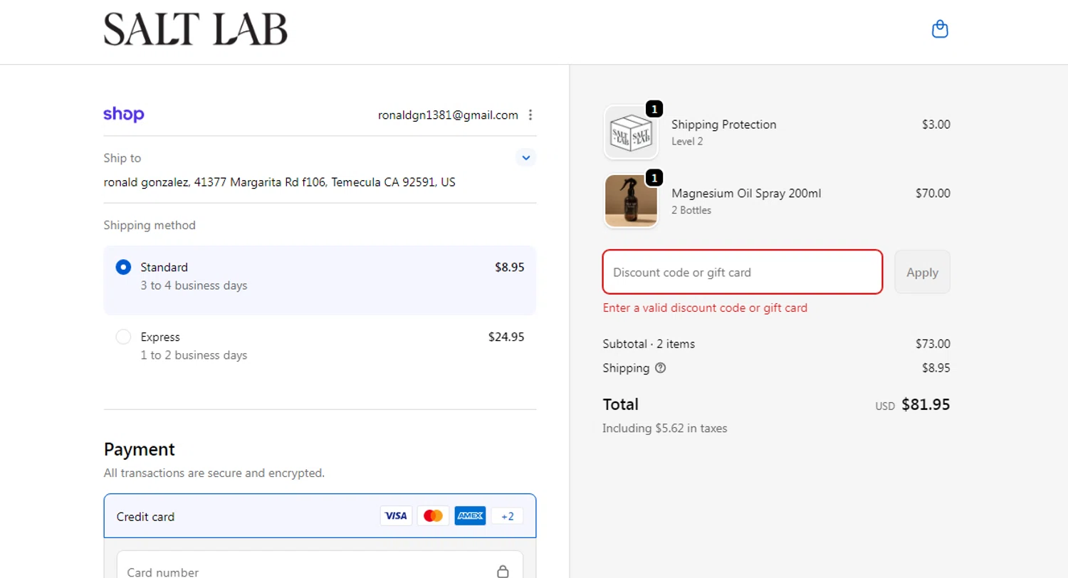 Salt Laboratory discount code screenshot showing code FREESHIP applied at Salt Laboratory checkout page. Uploaded by SimplyCodes community member SmartSaver7916 on Feb 16, 2026