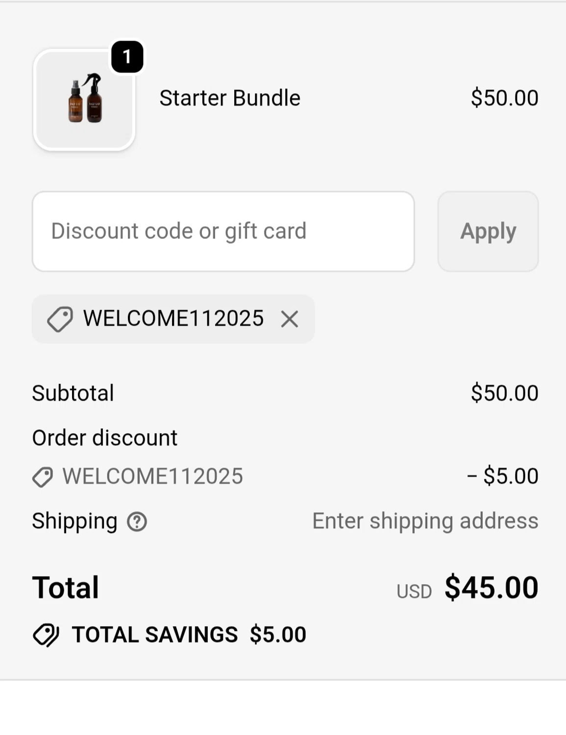 Salt Laboratory discount code screenshot showing code WELCOME112025 applied at Salt Laboratory checkout page. Uploaded by SimplyCodes community member chepipro on Jan 16, 2026