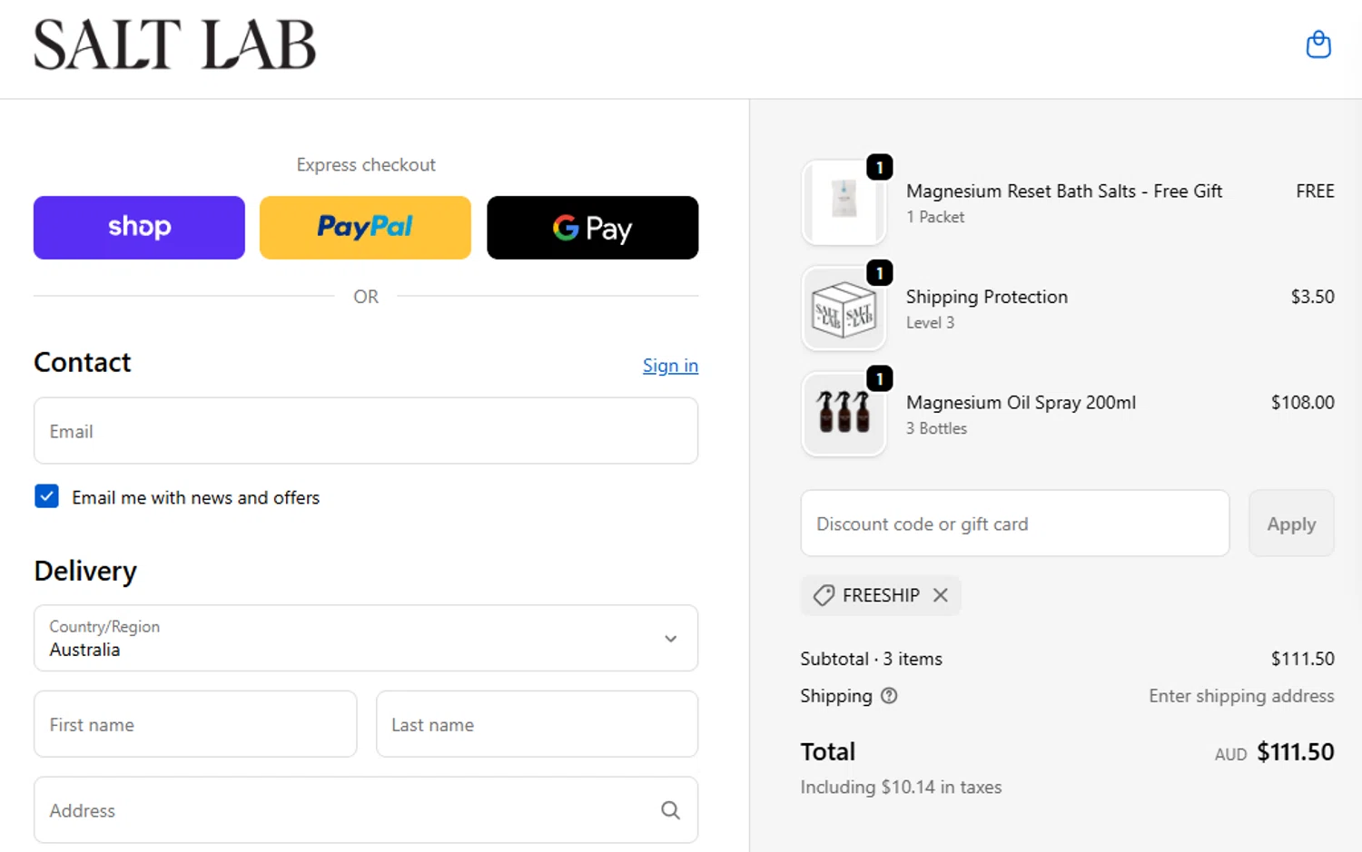 Salt Laboratory discount code screenshot showing code FREESHIP applied at Salt Laboratory checkout page. Uploaded by SimplyCodes community member eithanmilas on Oct 16, 2025