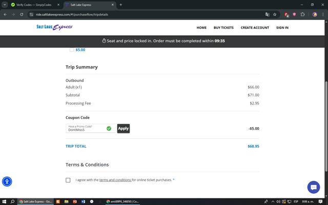 Salt Lake Express checkout page showing Salt Lake Express coupon code box | Screenshot taken by SimplyCodes community member on Jun 8, 2025