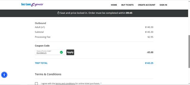 Salt Lake Express checkout page showing Salt Lake Express coupon code box | Screenshot taken by SimplyCodes community member on Jul 7, 2025