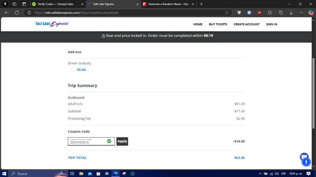 Salt Lake Express checkout page showing Salt Lake Express coupon code box | Screenshot taken by SimplyCodes community member on Apr 7, 2025