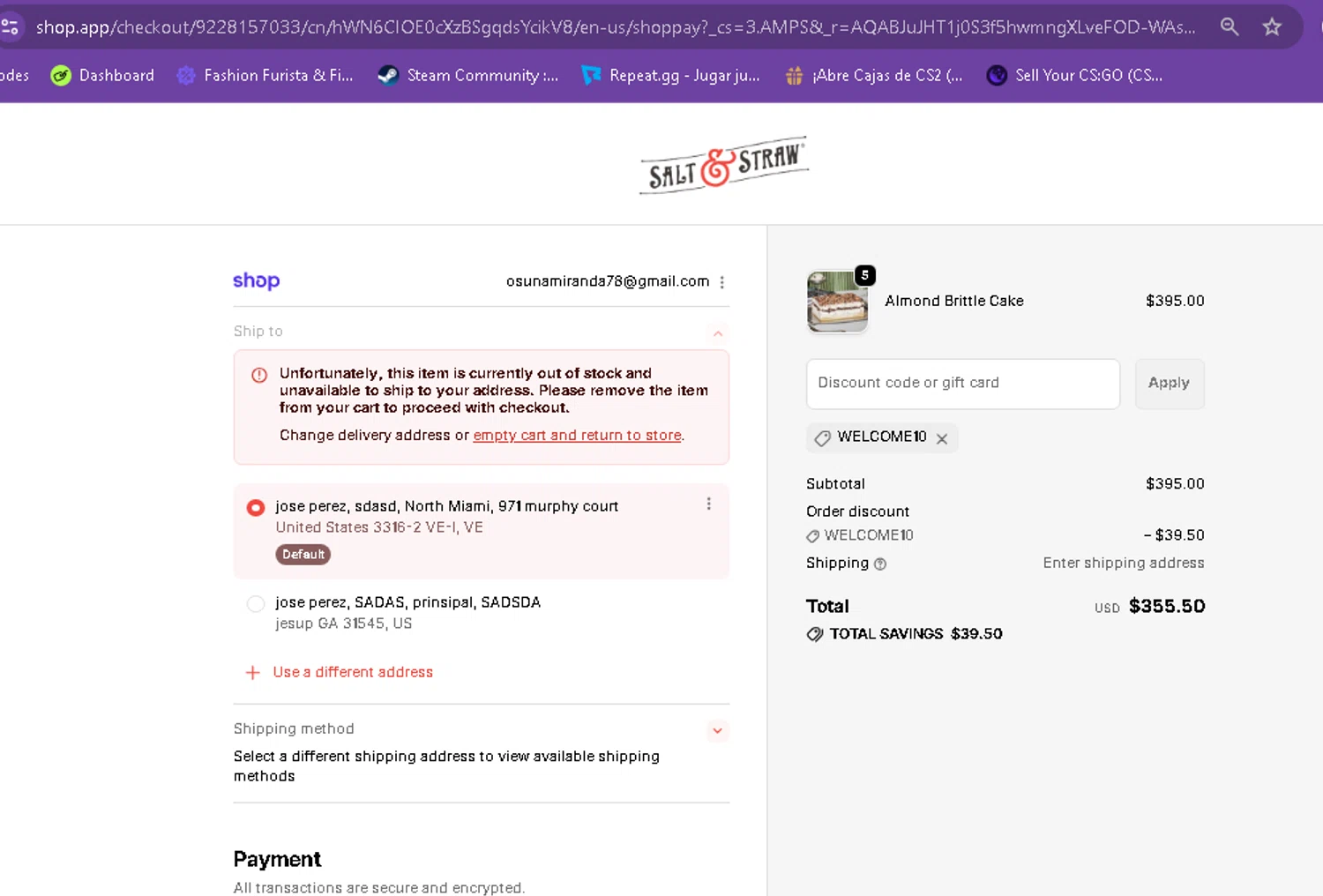 Salt & Straw promo code screenshot showing code WELCOME10 applied at Salt & Straw checkout page. Uploaded by SimplyCodes community member FramiraGaminG on Dec 8, 2025