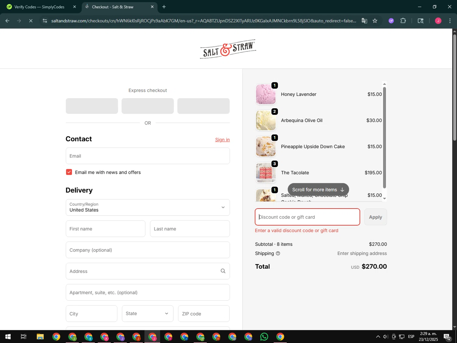 Salt & Straw promo code screenshot showing code B2G1 applied at Salt & Straw checkout page. Uploaded by SimplyCodes community member CleverShopper2101 on Dec 23, 2025