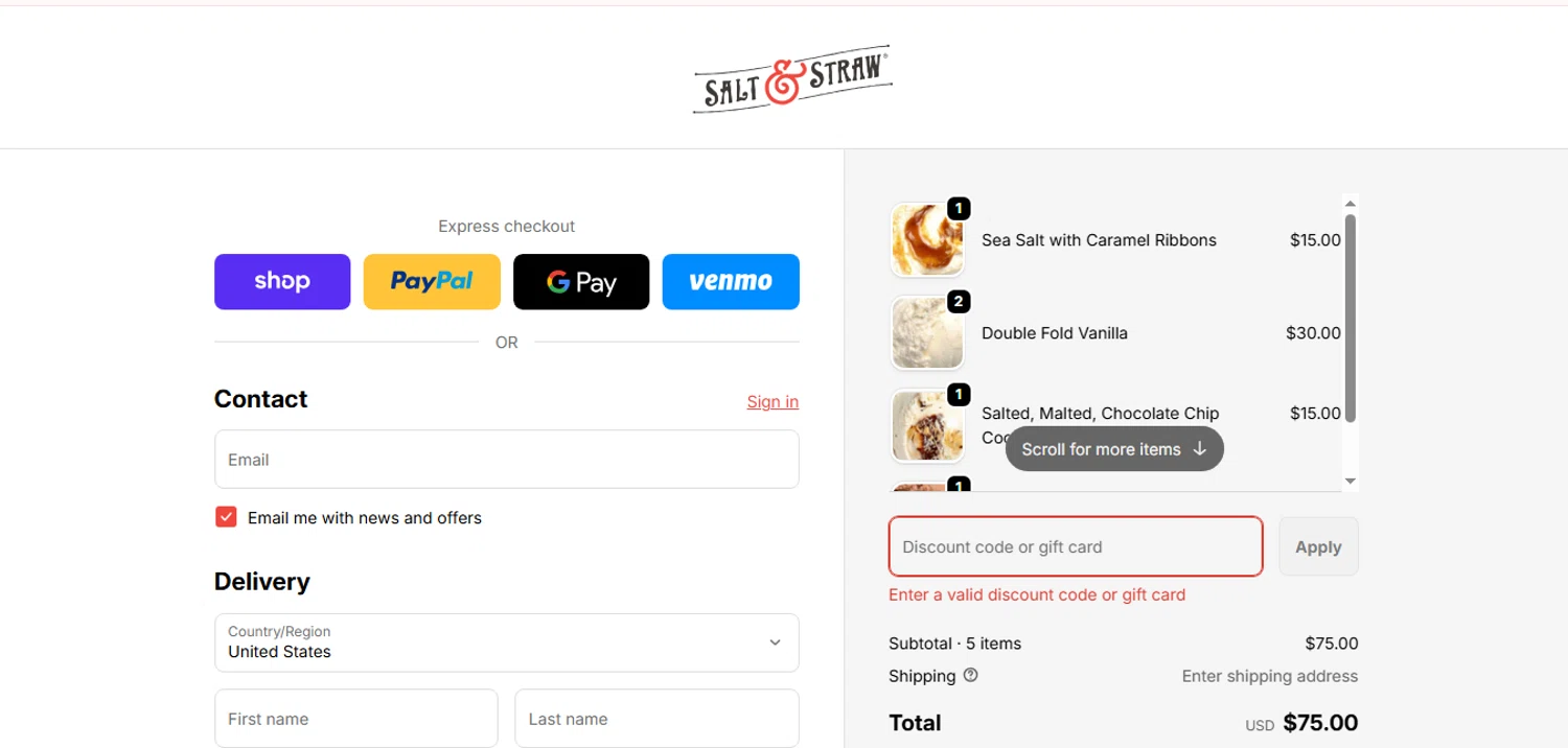 Salt & Straw promo code screenshot showing code B2G1 applied at Salt & Straw checkout page. Uploaded by SimplyCodes community member MagnificentCurator5441 on Dec 24, 2025