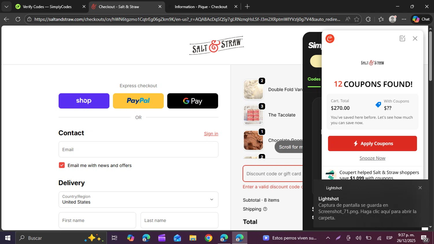 Salt & Straw promo code screenshot showing code B2G1 applied at Salt & Straw checkout page. Uploaded by SimplyCodes community member swiftie on Dec 27, 2025